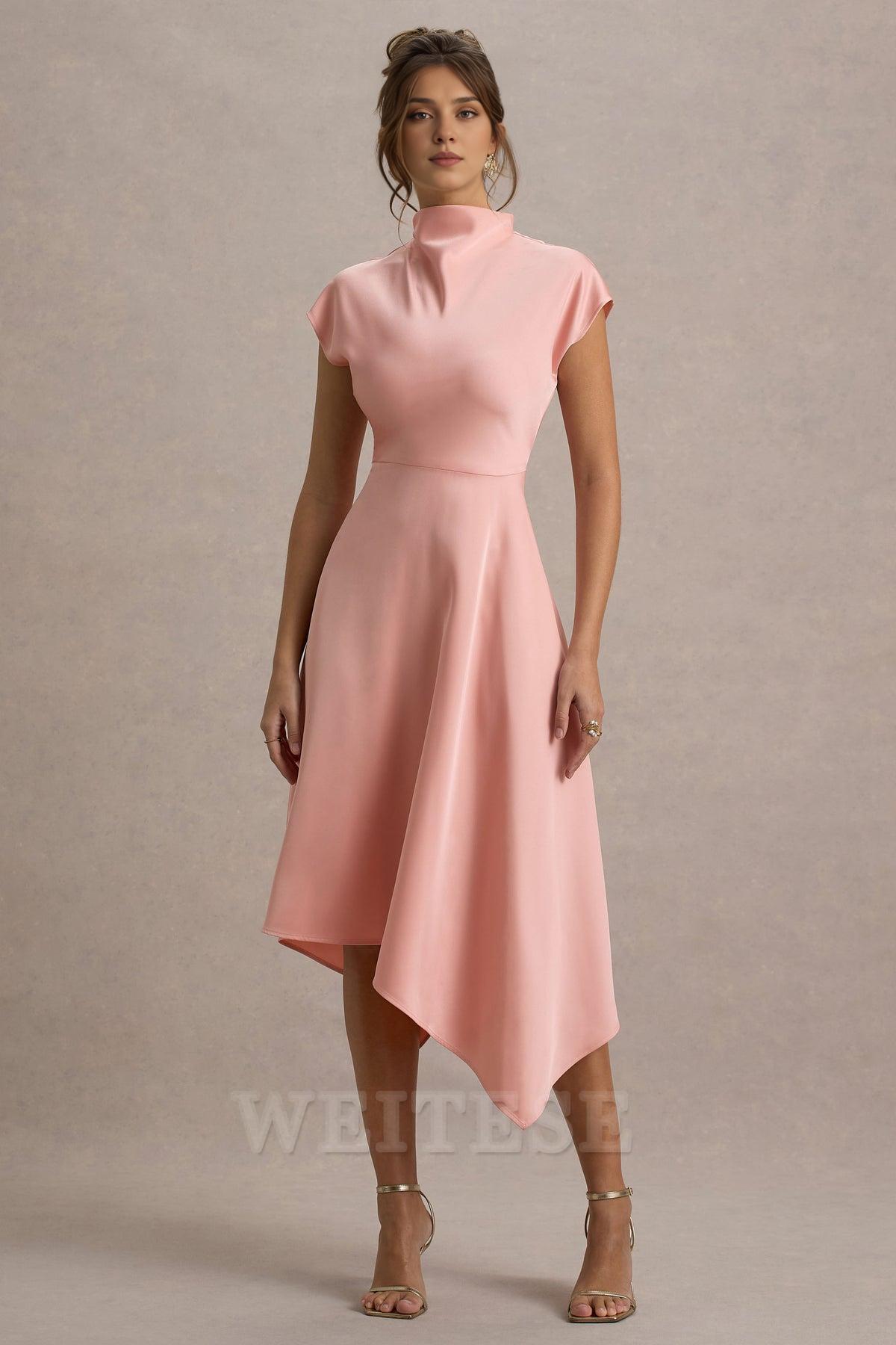 Weitese Dress Light Pink Satin Midi Dress With Draped Hem Bridesmaid Dress Hight Neck A-line Prom Dress