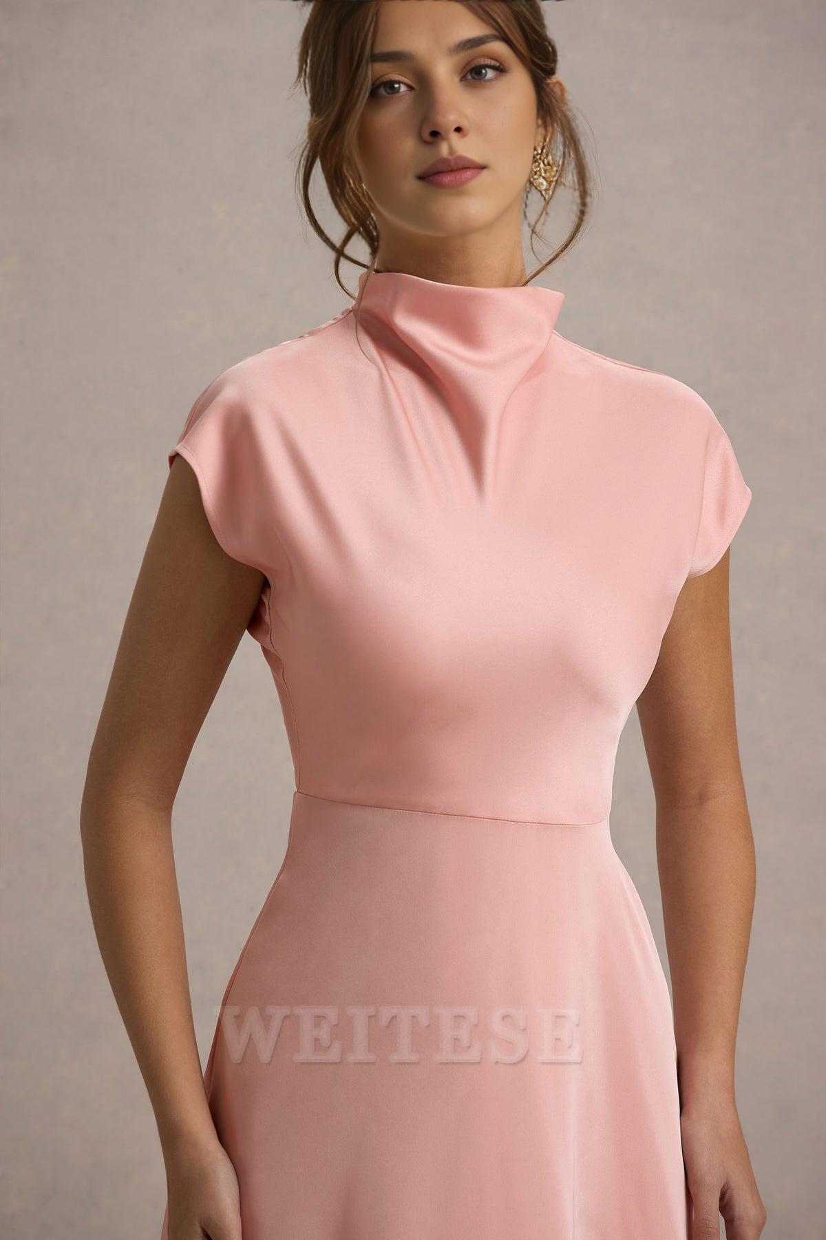 Weitese Dress Light Pink Satin Midi Dress With Draped Hem Bridesmaid Dress Hight Neck A-line Prom Dress