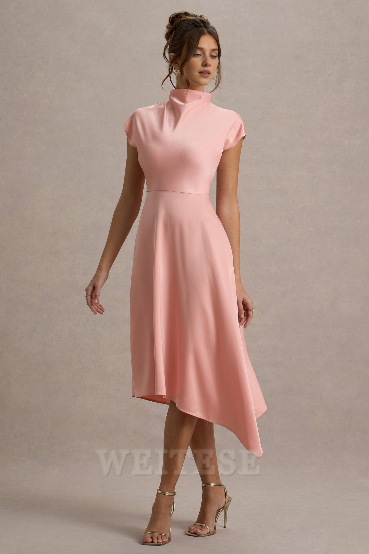 Weitese Dress Light Pink Satin Midi Dress With Draped Hem Bridesmaid Dress Hight Neck A-line Prom Dress