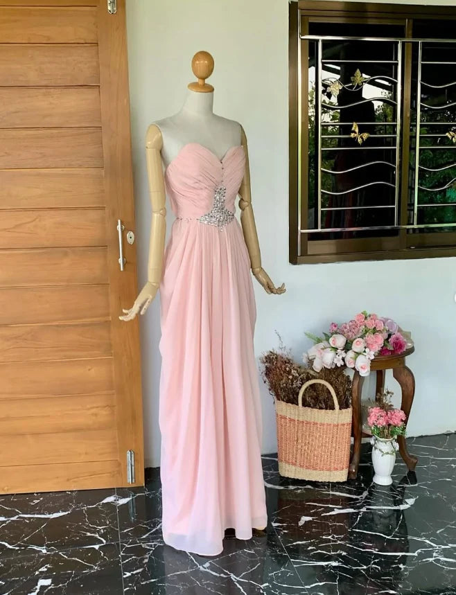 Weitese Dress Light Pink Sheath Sweetheart Neck Rhinestone Chiffon Long Prom Dress Evening Dress Party Dress