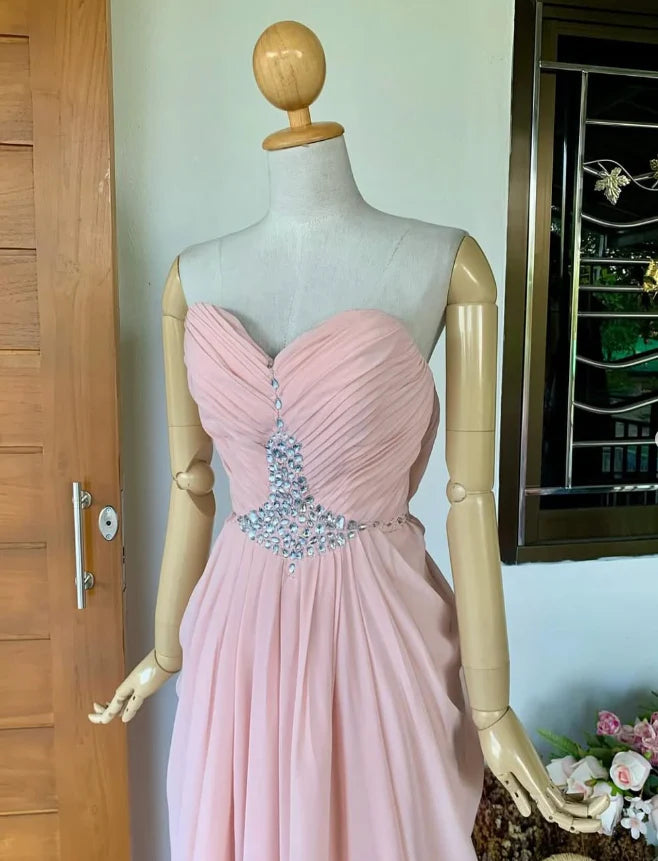 Weitese Dress Light Pink Sheath Sweetheart Neck Rhinestone Chiffon Long Prom Dress Evening Dress Party Dress