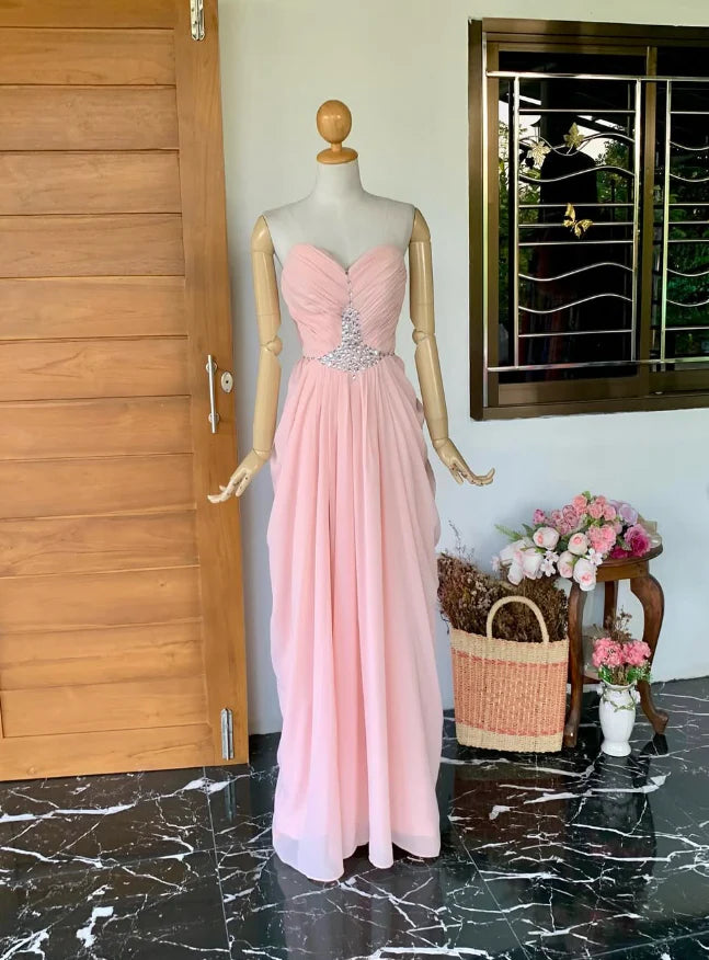 Weitese Dress Light Pink Sheath Sweetheart Neck Rhinestone Chiffon Long Prom Dress Evening Dress Party Dress