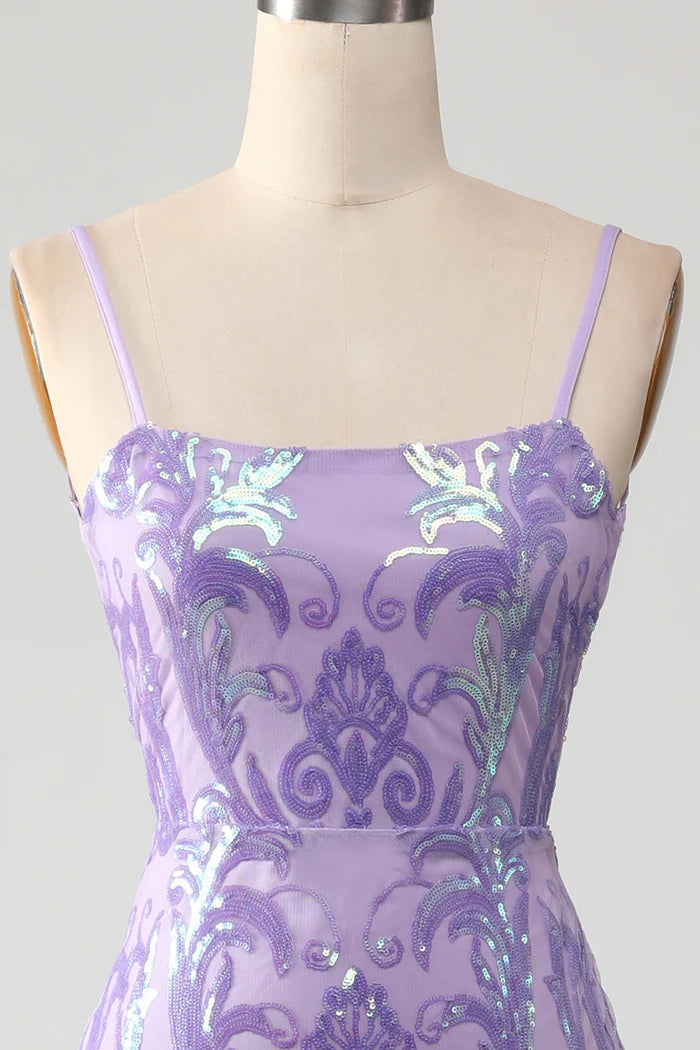 Robe de soirée Weitese violet clair à bretelles spaghetti et dos nu avec paillettes 