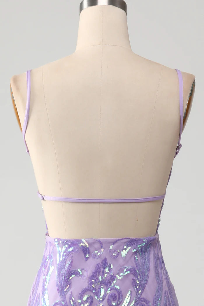 Robe de soirée Weitese violet clair à bretelles spaghetti et dos nu avec paillettes 