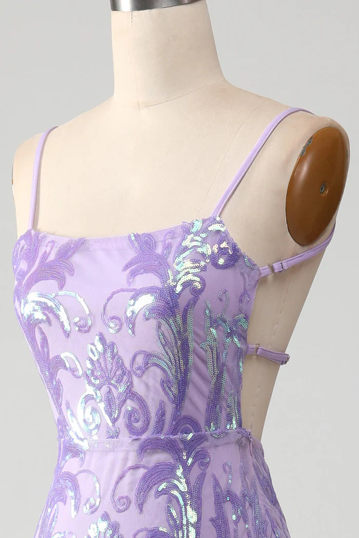 Robe de soirée Weitese violet clair à bretelles spaghetti et dos nu avec paillettes 