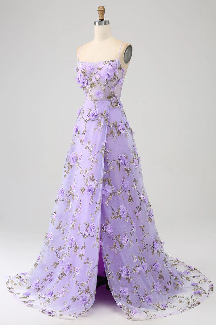 Robe Weitese lilas trapèze à bretelles spaghetti, robe de soirée longue avec fleurs 3D, robe de bal 