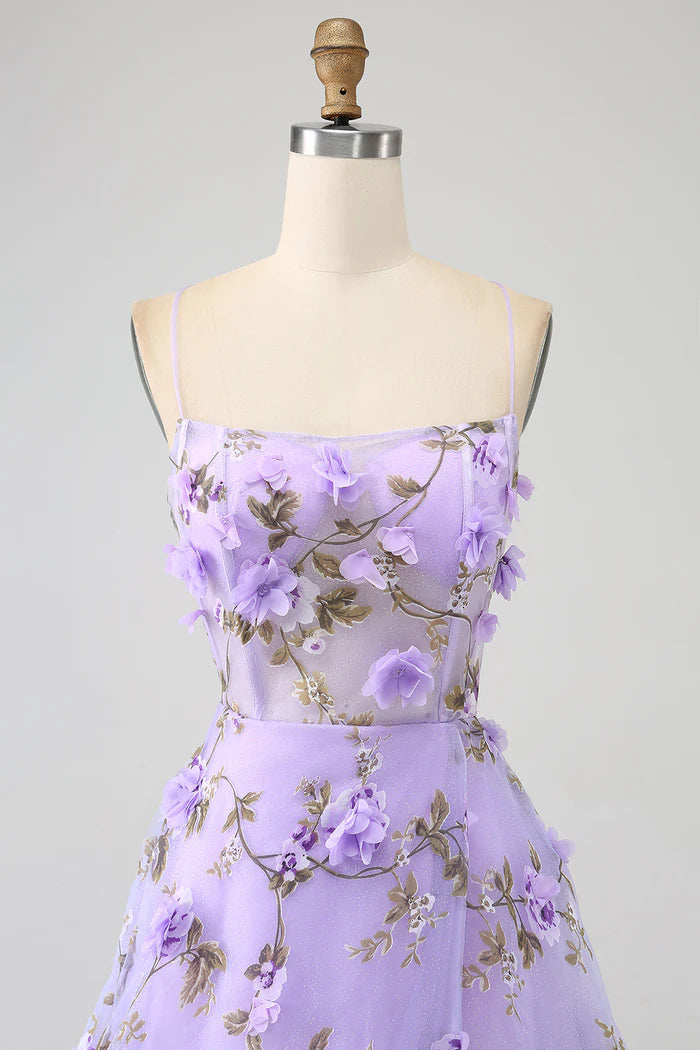 Robe Weitese lilas trapèze à bretelles spaghetti, robe de soirée longue avec fleurs 3D, robe de bal 