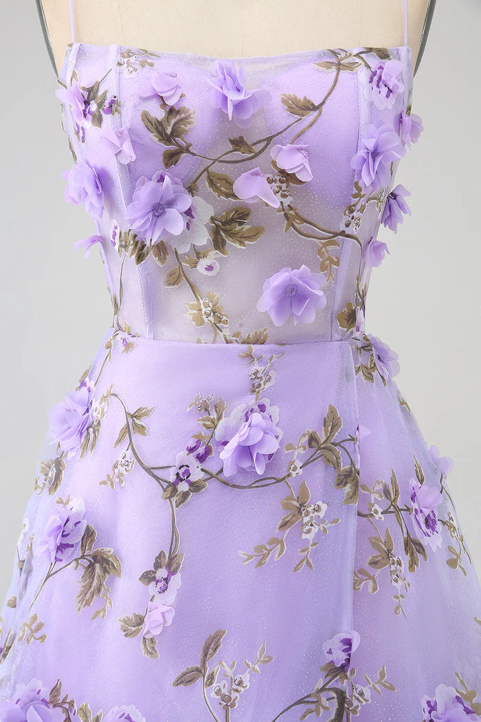 Robe Weitese lilas trapèze à bretelles spaghetti, robe de soirée longue avec fleurs 3D, robe de bal 