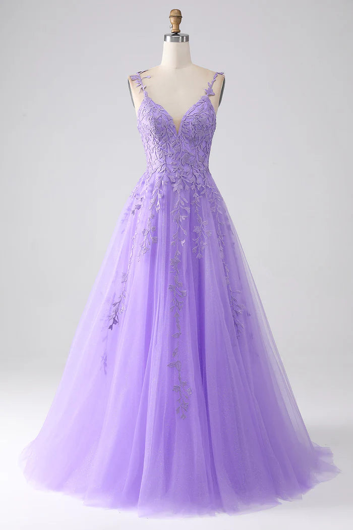 Robe Weitese lilas trapèze à bretelles spaghetti, robe de soirée sans manches, robe longue avec appliques, robe de bal 