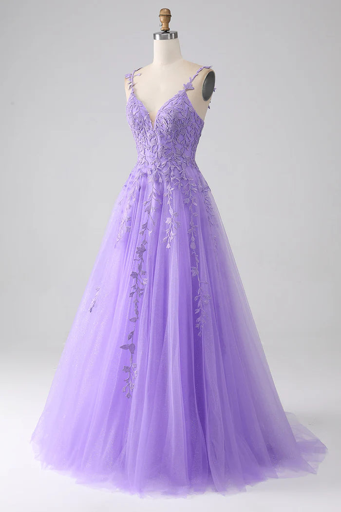 Robe Weitese lilas trapèze à bretelles spaghetti, robe de soirée sans manches, robe longue avec appliques, robe de bal 