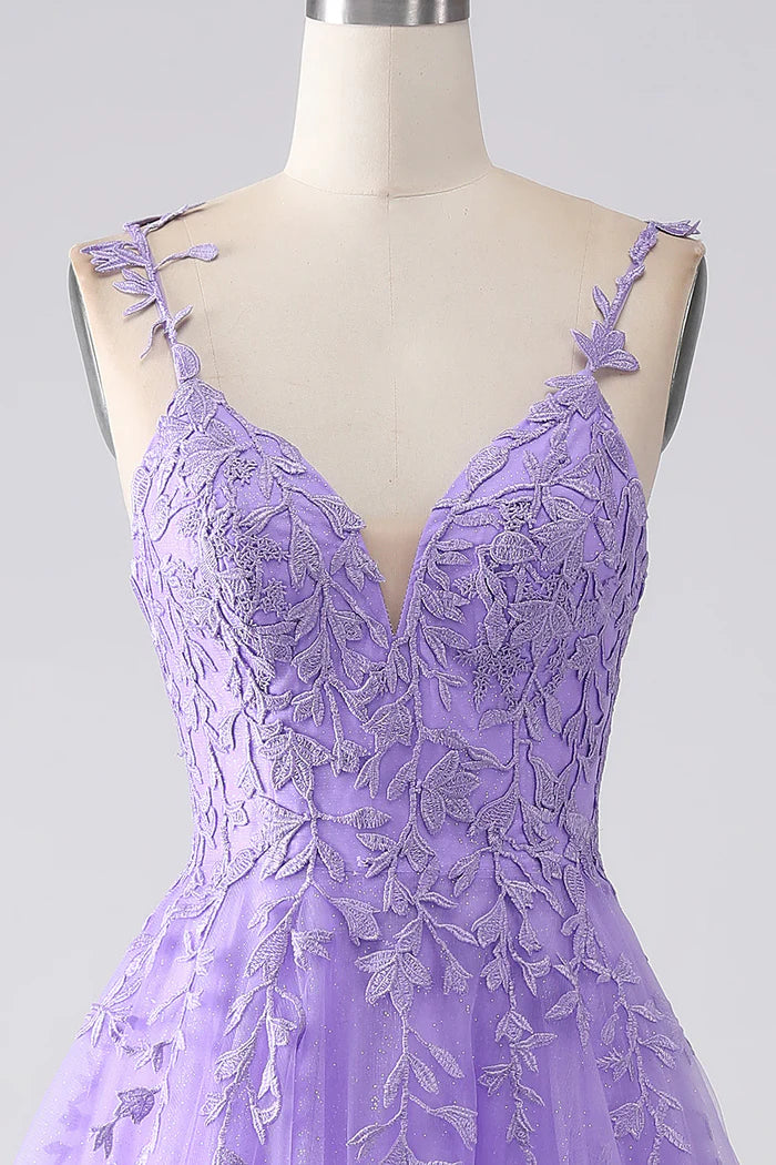 Robe Weitese lilas trapèze à bretelles spaghetti, robe de soirée sans manches, robe longue avec appliques, robe de bal 
