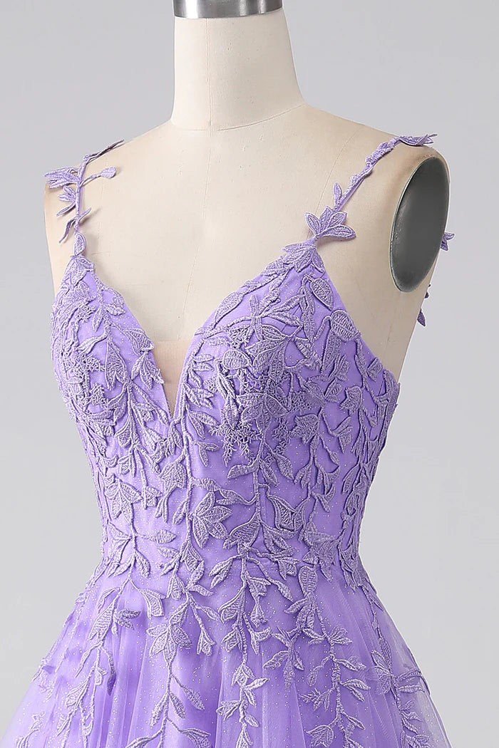 Robe Weitese lilas trapèze à bretelles spaghetti, robe de soirée sans manches, robe longue avec appliques, robe de bal 