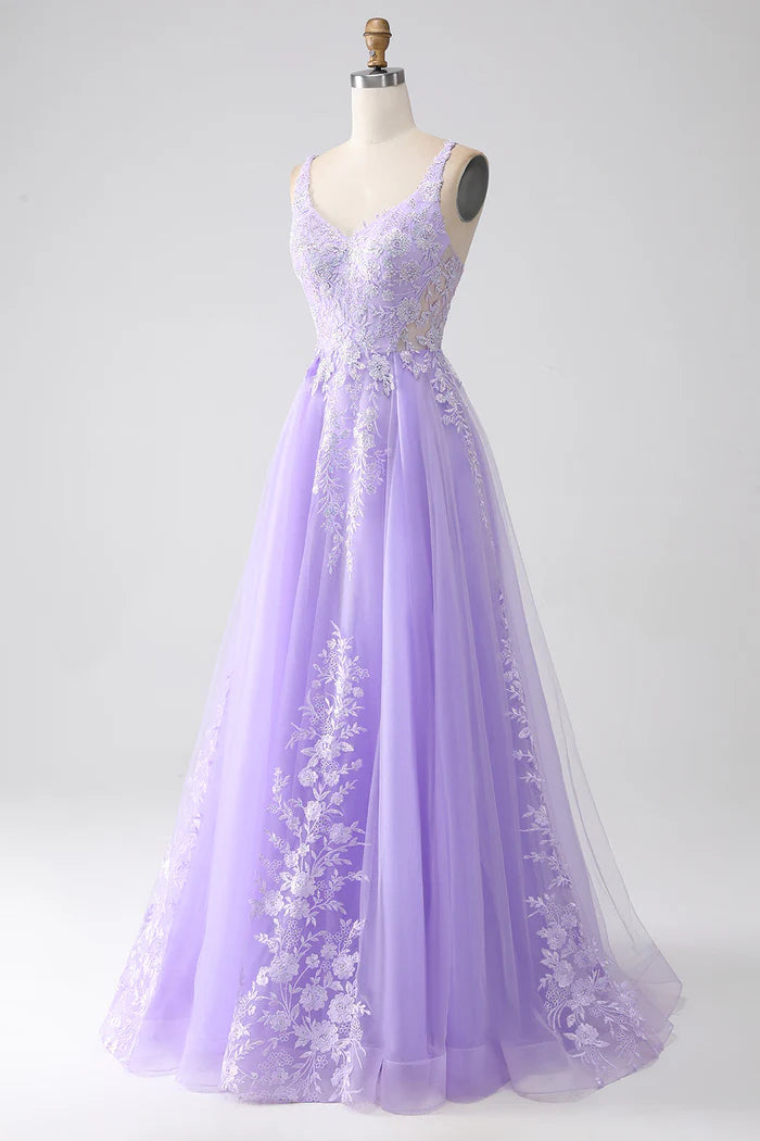 Robe Weitese lilas trapèze à bretelles spaghetti en tulle, robe longue, robe de bal, robe de soirée avec appliques 