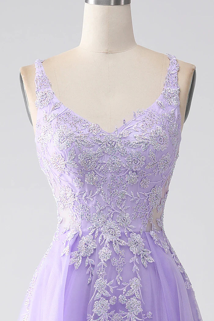Robe Weitese lilas trapèze à bretelles spaghetti en tulle, robe longue, robe de bal, robe de soirée avec appliques 
