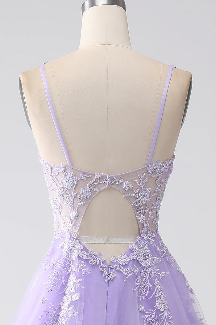 Robe Weitese lilas trapèze à bretelles spaghetti en tulle, robe longue, robe de bal, robe de soirée avec appliques 