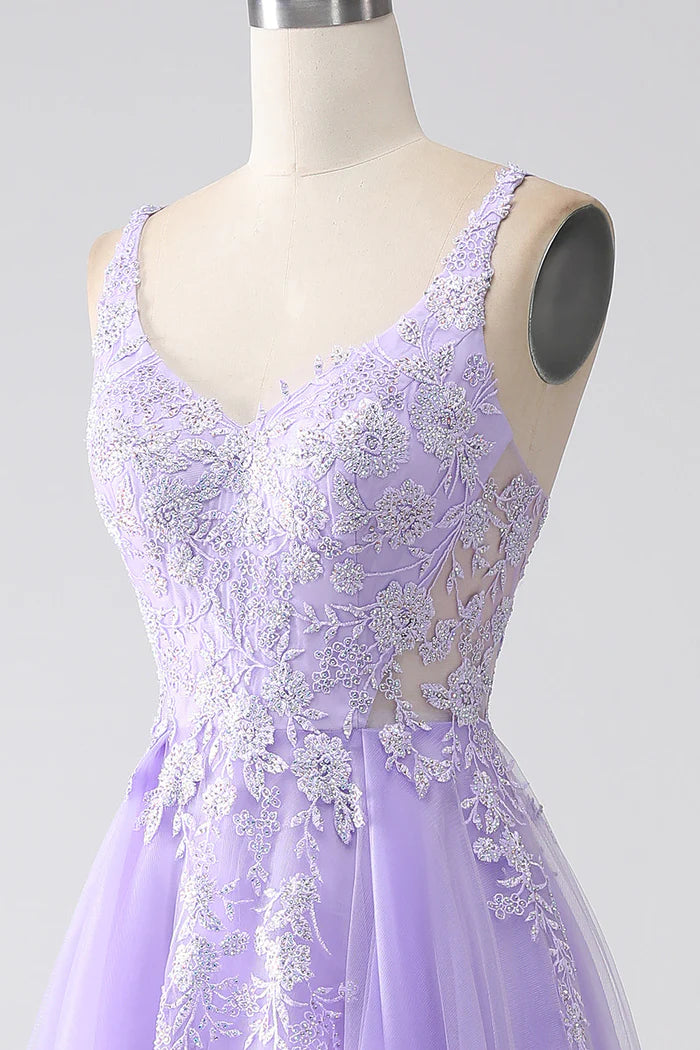 Robe Weitese lilas trapèze à bretelles spaghetti en tulle, robe longue, robe de bal, robe de soirée avec appliques 