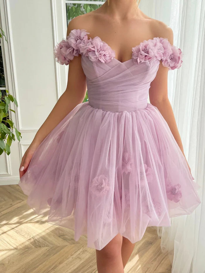 Weitese Dress Lilac Corset Strapless Short Tulle Homecoming Dress Sleeveless Hand Floral Party Dress
