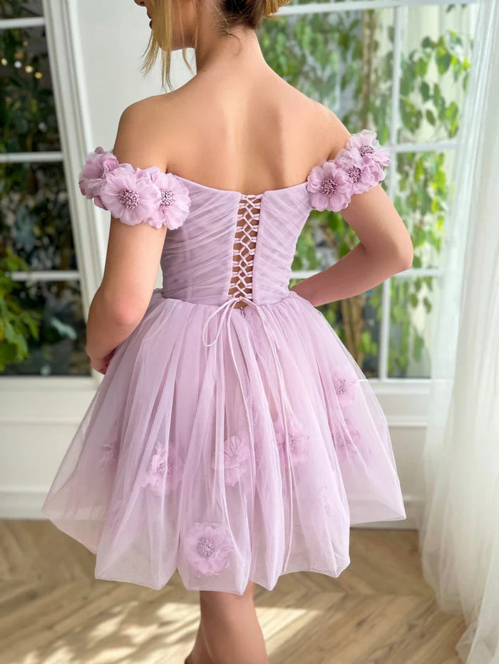 Weitese Dress Lilac Corset Strapless Short Tulle Homecoming Dress Sleeveless Hand Floral Party Dress