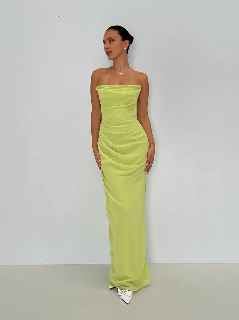 Weitese Dress Lime Strapless Mermaid Sleeveless Prom Dress Pleated Floor Length
