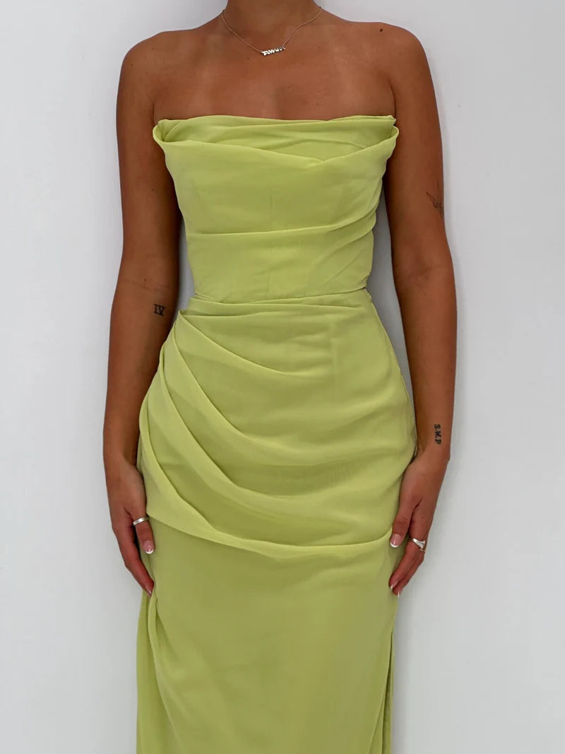 Weitese Dress Lime Strapless Mermaid Sleeveless Prom Dress Pleated Floor Length