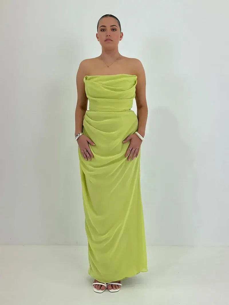 Weitese Dress Lime Strapless Mermaid Sleeveless Prom Dress Pleated Floor Length