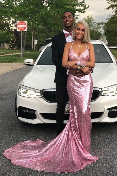 Weitese Dress Long Mermaid V-neck Spaghetti Straps Pink Sequined Backless Prom Dress