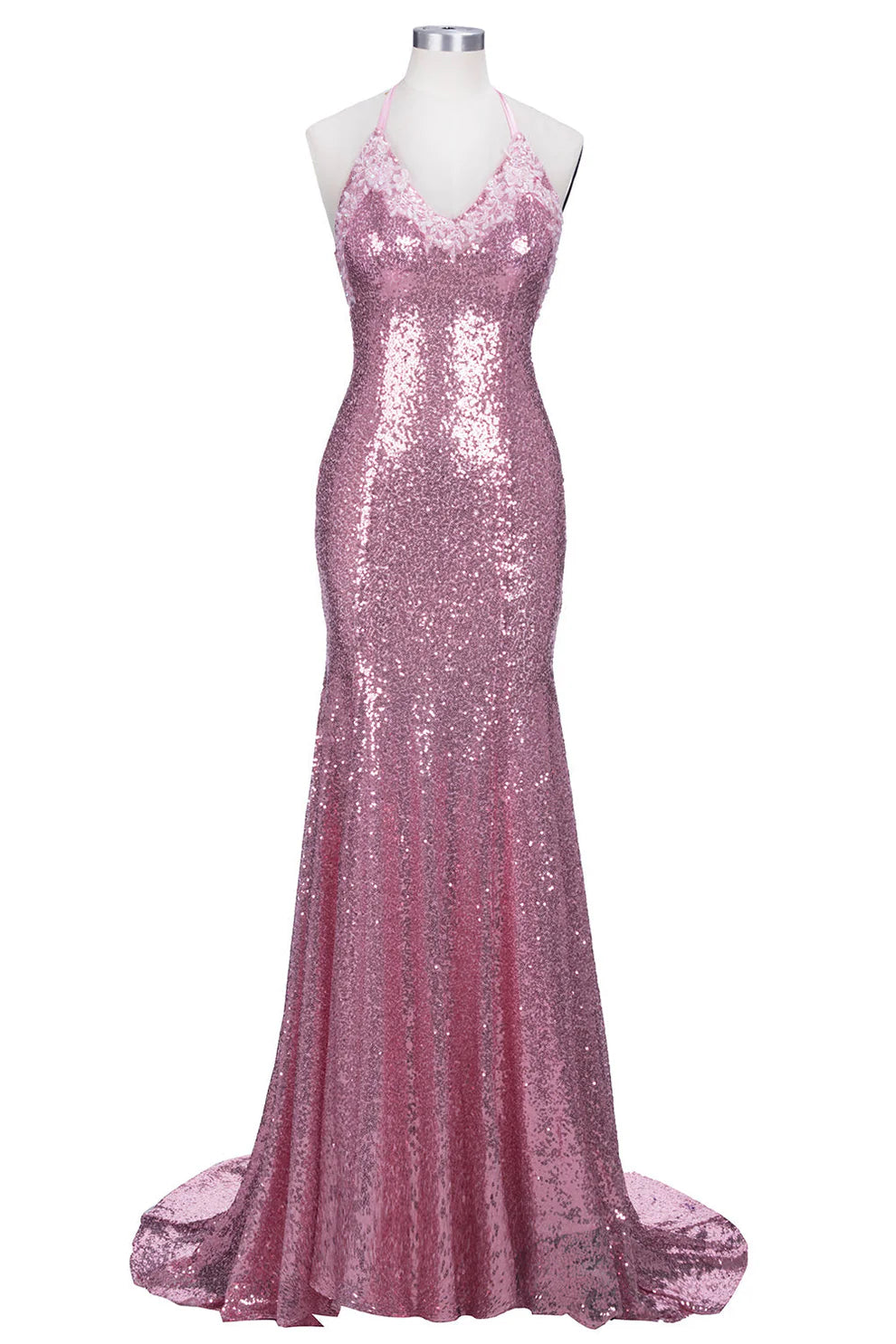 Weitese Dress Long Mermaid V-neck Spaghetti Straps Pink Sequined Backless Prom Dress