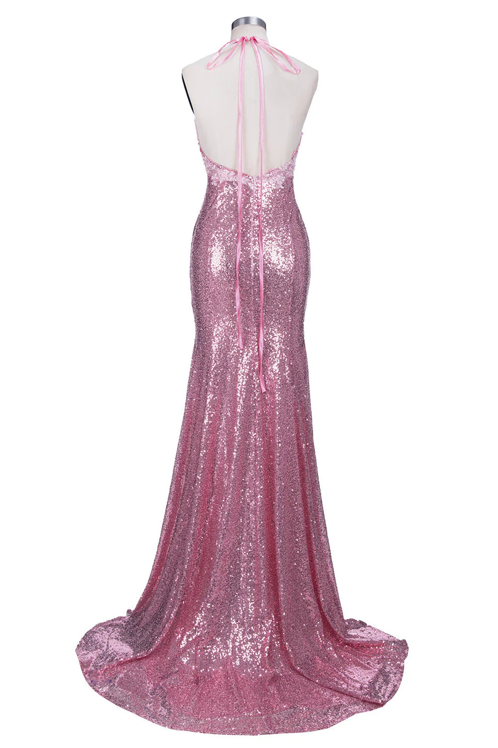 Weitese Dress Long Mermaid V-neck Spaghetti Straps Pink Sequined Backless Prom Dress