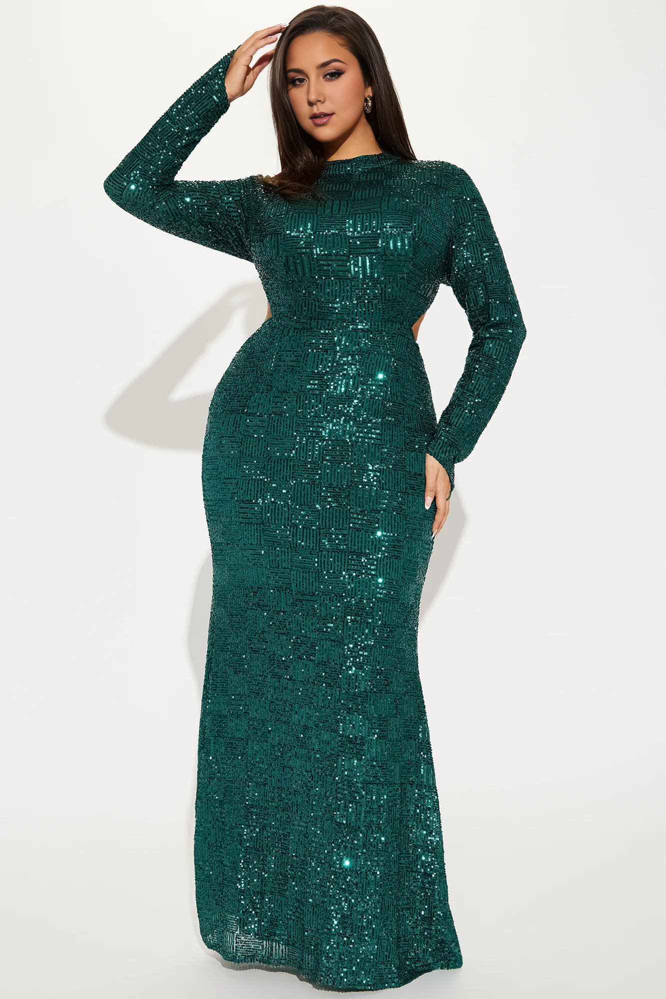 Weitese Dress Long Sleeve Sequin Gown Emerald Party Dress Mermaid Half Hight Neck With Floor Length Party Dress