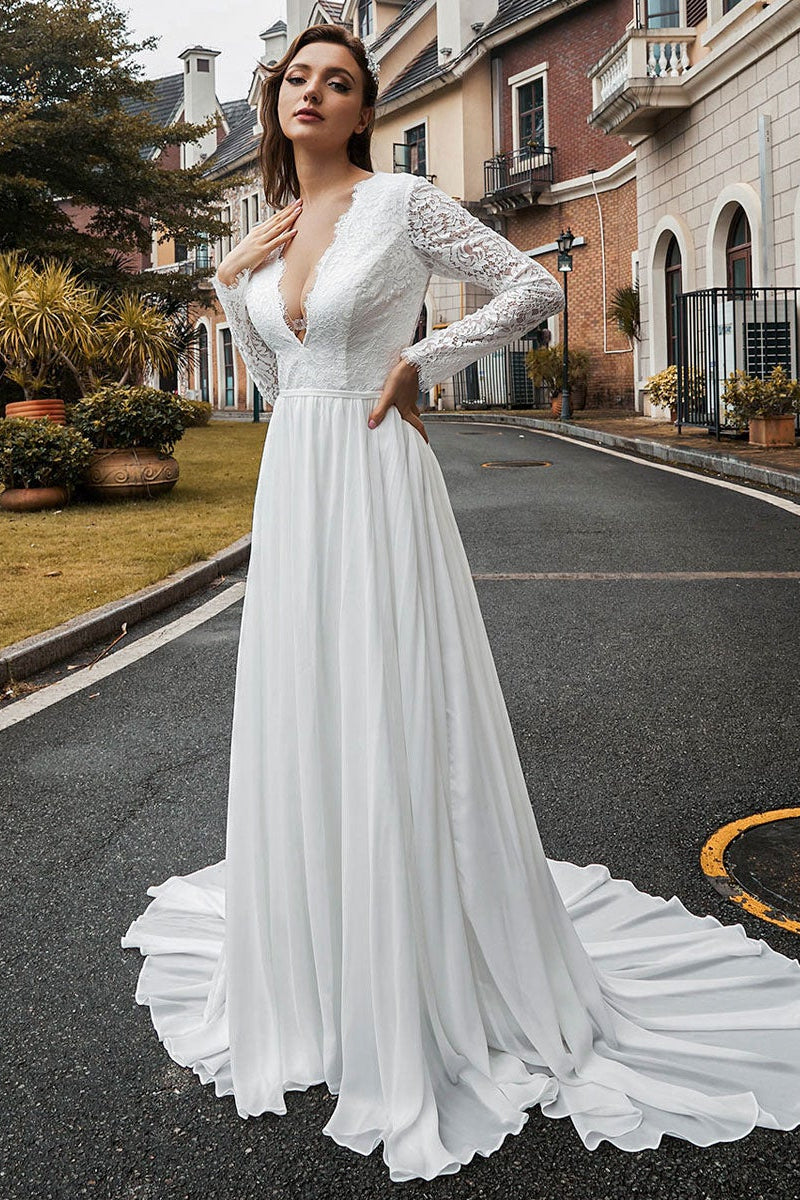 Weitese Dress Long Sleeves Deep V Neck Chiffon Lace Wedding Dress A-line With Court Train Bride Dress