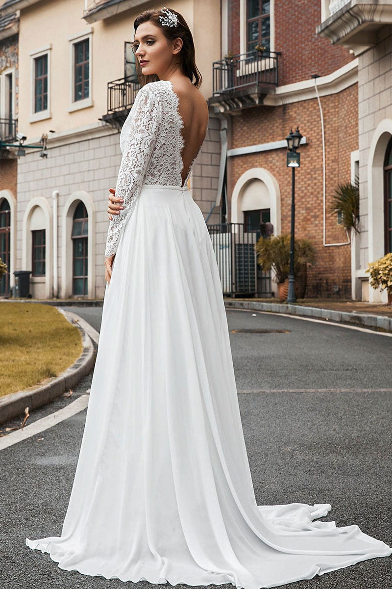 Weitese Dress Long Sleeves Deep V Neck Chiffon Lace Wedding Dress A-line With Court Train Bride Dress
