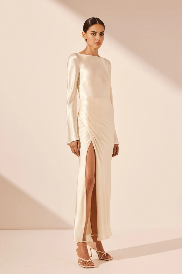 Vestido Weitese de manga larga, mangas acampanadas, abertura lateral, vestido midi color crema, cuello redondo, vestido de fiesta 