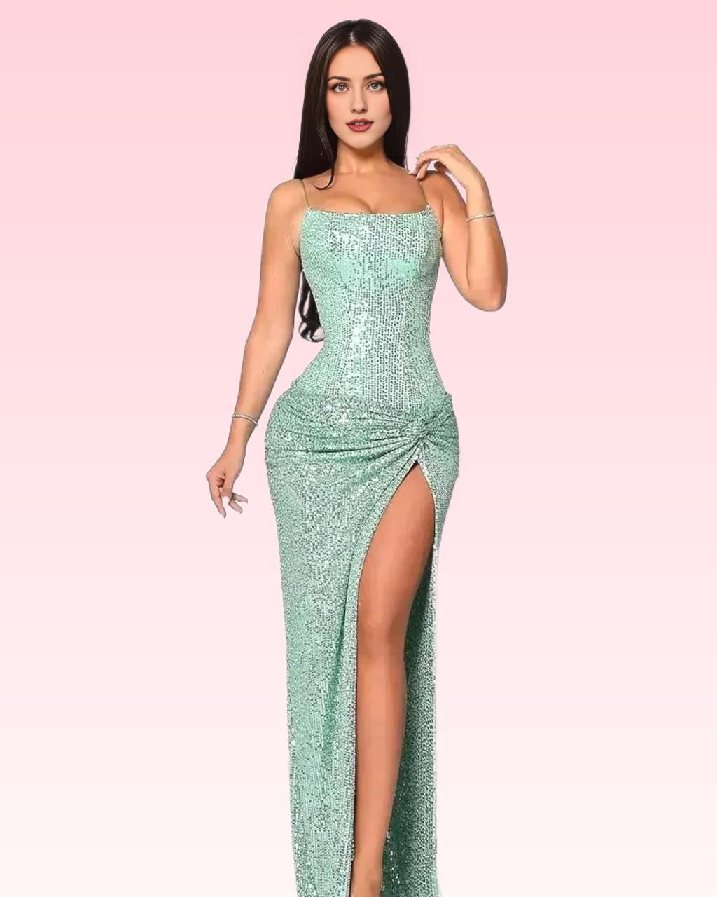 Vestido Weitese de lujo con lentejuelas, corsé, sin mangas, largo, verde, tirantes finos, vestido de fiesta con giro 