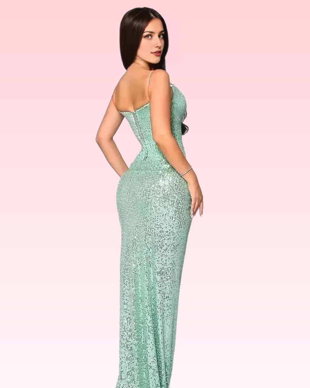 Vestido Weitese de lujo con lentejuelas, corsé, sin mangas, largo, verde, tirantes finos, vestido de fiesta con giro 