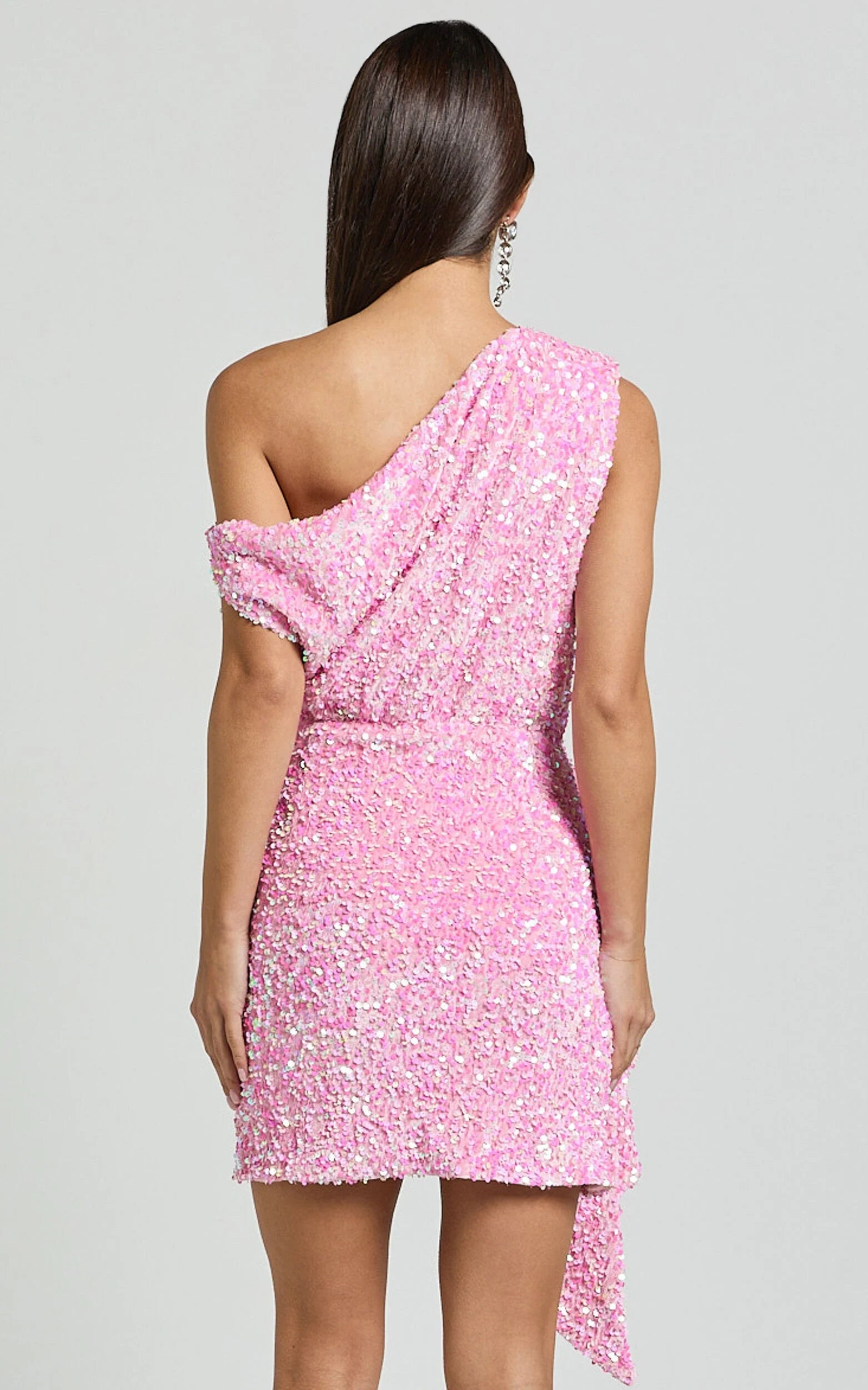 Weitese Dress Luxury Sequin Drape One Shoulder Mini Dress Pink A-Line Sleeveless Backless Cold Shoulder Homecoming Dress