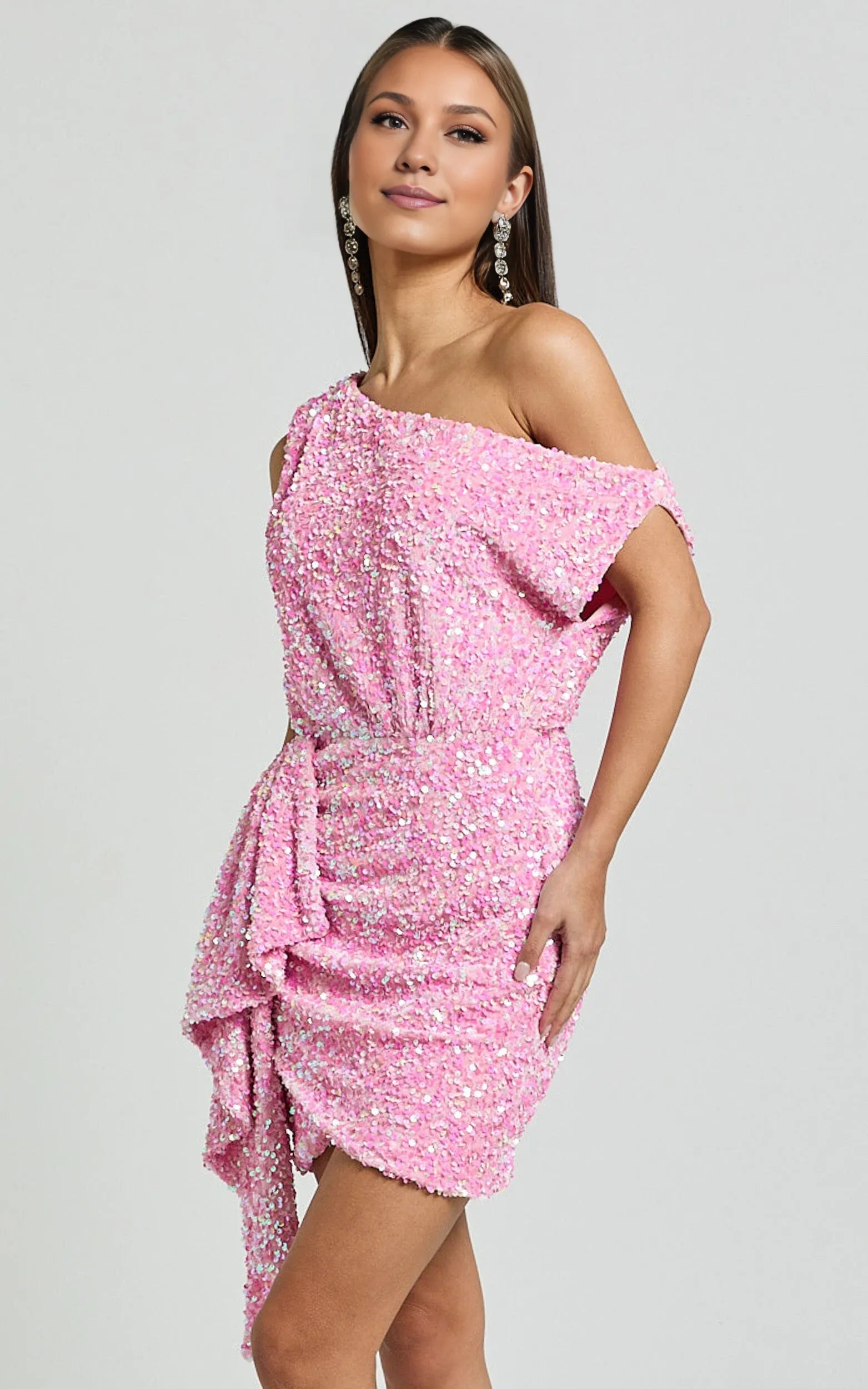 Weitese Dress Luxury Sequin Drape One Shoulder Mini Dress Pink A-Line Sleeveless Backless Cold Shoulder Homecoming Dress
