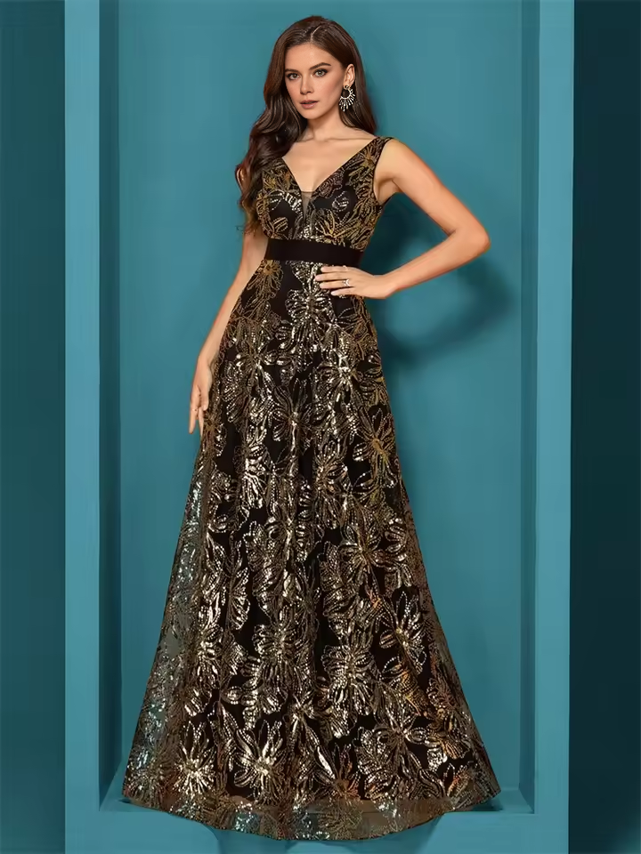 Weitese Dress Luxury Sexy Deep V-Neck Sequins Blue Evening Dresses Women Elegant V-back Wedding Party Long Prom Cocktail Dress Mom Dress