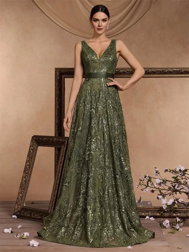 Weitese Dress Luxury Sexy Deep V-Neck Sequins Blue Evening Dresses Women Elegant V-back Wedding Party Long Prom Cocktail Dress Mom Dress
