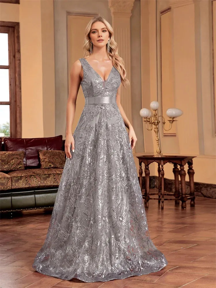 Weitese Dress Luxury Sexy Deep V-Neck Sequins Blue Evening Dresses Women Elegant V-back Wedding Party Long Prom Cocktail Dress Mom Dress