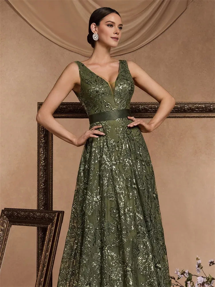 Weitese Dress Luxury Sexy Deep V-Neck Sequins Blue Evening Dresses Women Elegant V-back Wedding Party Long Prom Cocktail Dress Mom Dress