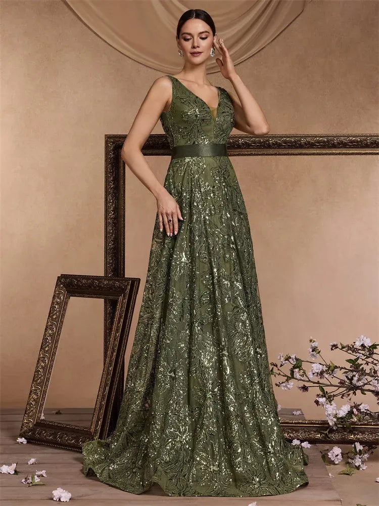 Weitese Dress Luxury Sexy Deep V-Neck Sequins Blue Evening Dresses Women Elegant V-back Wedding Party Long Prom Cocktail Dress Mom Dress