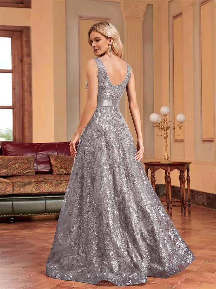 Weitese Dress Luxury Sexy Deep V-Neck Sequins Blue Evening Dresses Women Elegant V-back Wedding Party Long Prom Cocktail Dress Mom Dress