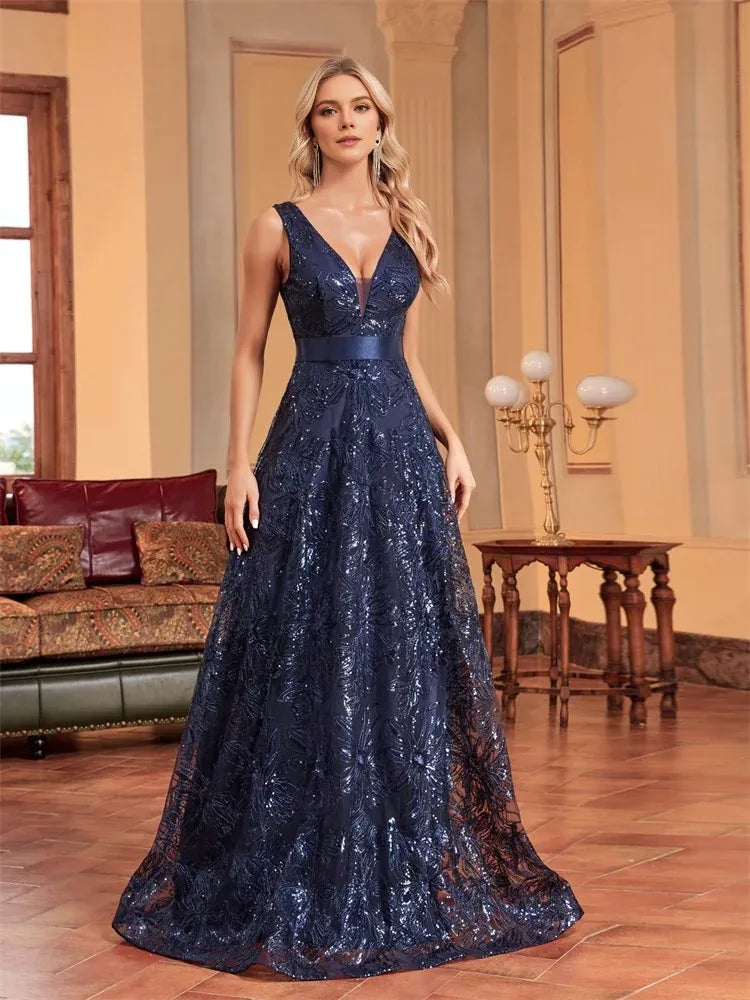 Weitese Dress Luxury Sexy Deep V-Neck Sequins Blue Evening Dresses Women Elegant V-back Wedding Party Long Prom Cocktail Dress Mom Dress