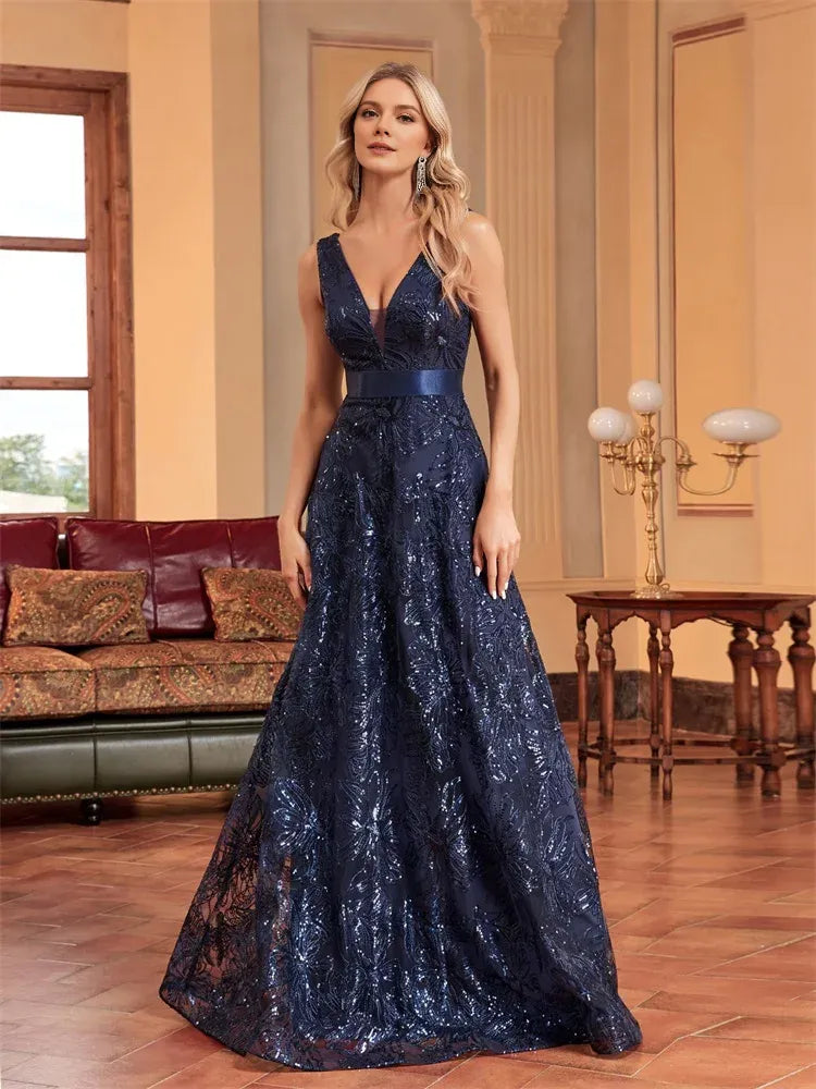Weitese Dress Luxury Sexy Deep V-Neck Sequins Blue Evening Dresses Women Elegant V-back Wedding Party Long Prom Cocktail Dress Mom Dress