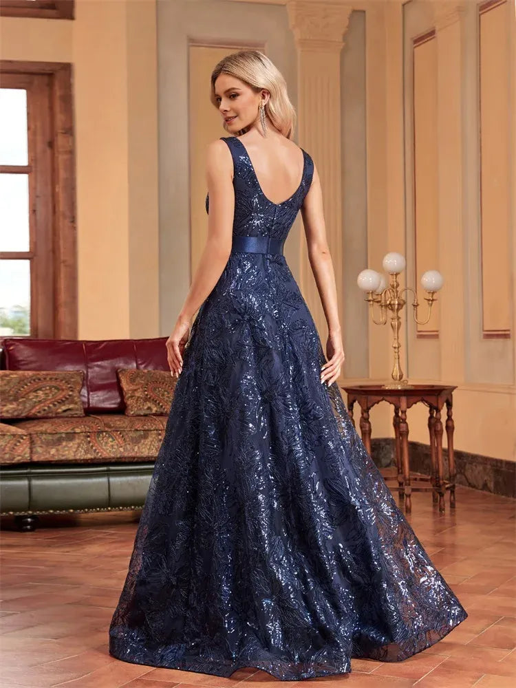 Weitese Dress Luxury Sexy Deep V-Neck Sequins Blue Evening Dresses Women Elegant V-back Wedding Party Long Prom Cocktail Dress Mom Dress