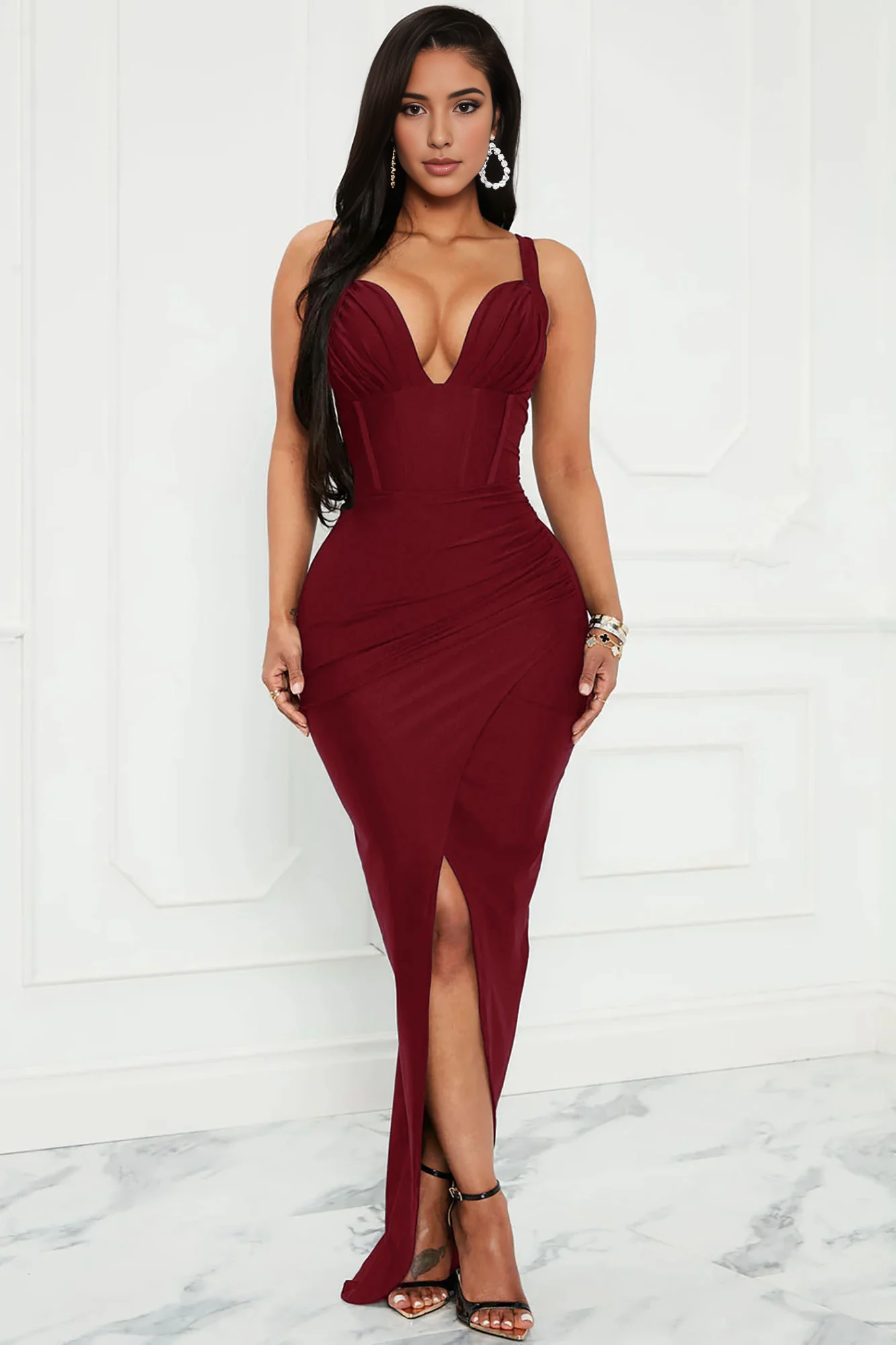 Weitese Dress Maxi Dress Burgundy Wide Straps Open Back Prom Dress With Slit Deep V Neck Mermaid Hunter Party Dress