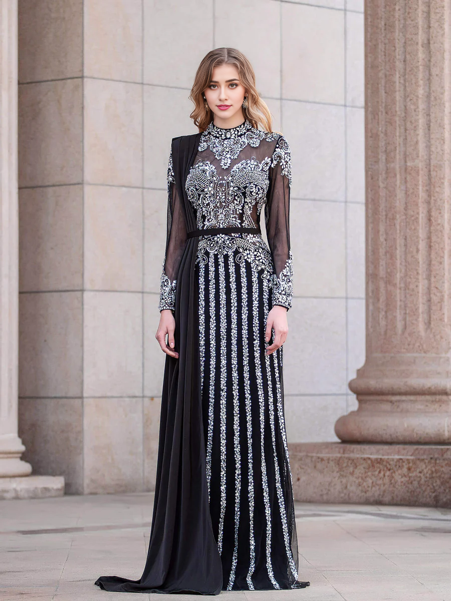 Weitese Dress Mermaid Beaded Luxurious Fashion Formal Evening Dresses Long Sleeve Floor Length Party Dress
