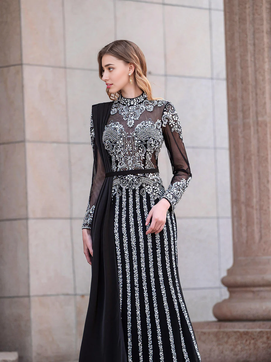 Weitese Dress Mermaid Beaded Luxurious Fashion Formal Evening Dresses Long Sleeve Floor Length Party Dress