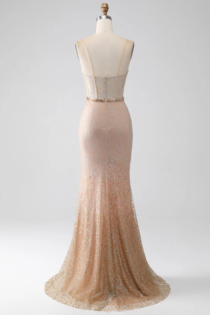 Weitese Dress Mermaid Champagne Spaghetti Straps Party Dress Sleeveless Maxi Dress With Slit Prom Dress
