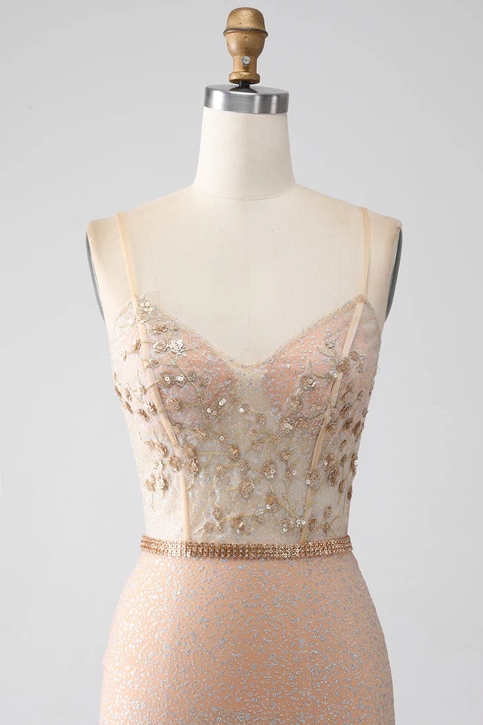 Weitese Dress Mermaid Champagne Spaghetti Straps Party Dress Sleeveless Maxi Dress With Slit Prom Dress